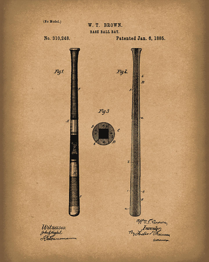 Baseball Drawing - Baseball Bat 1885 Patent Art Brown by Prior Art Design