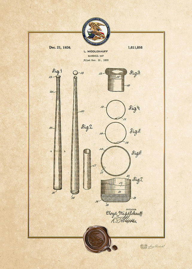Baseball bat by Lloyd Middlekauff - Vintage Patent Document Digital Art by Serge Averbukh