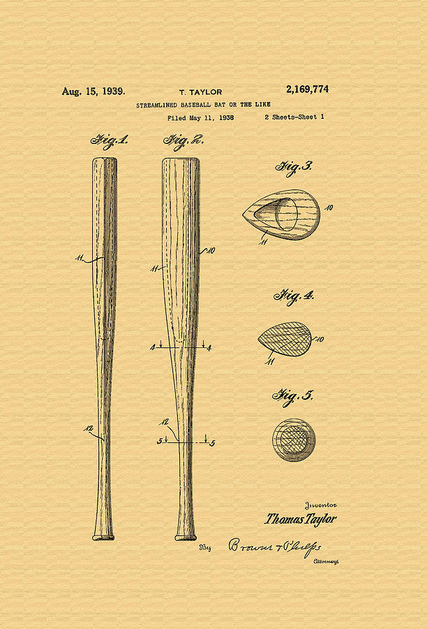 Vintage Photograph - Baseball Bat Patent - 1938 by Mountain Dreams