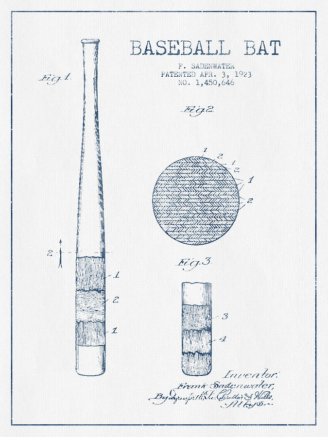 Baseball Digital Art - Baseball Bat Patent Drawing From 1923 - Blue Ink by Aged Pixel