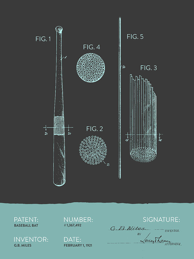 Baseball Bat Patent From 1921 - Gray Blue Digital Art