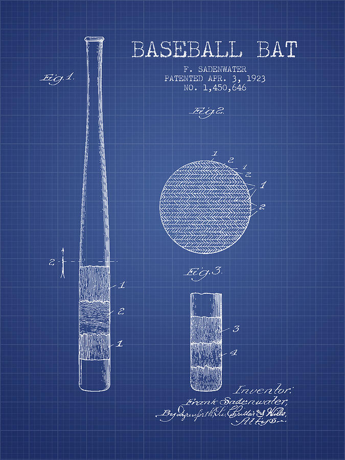 Baseball Bat Patent From 1923 - Blueprint Drawing