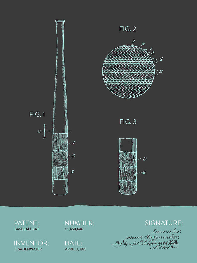 Baseball Bat Patent From 1923 - Gray Blue Digital Art