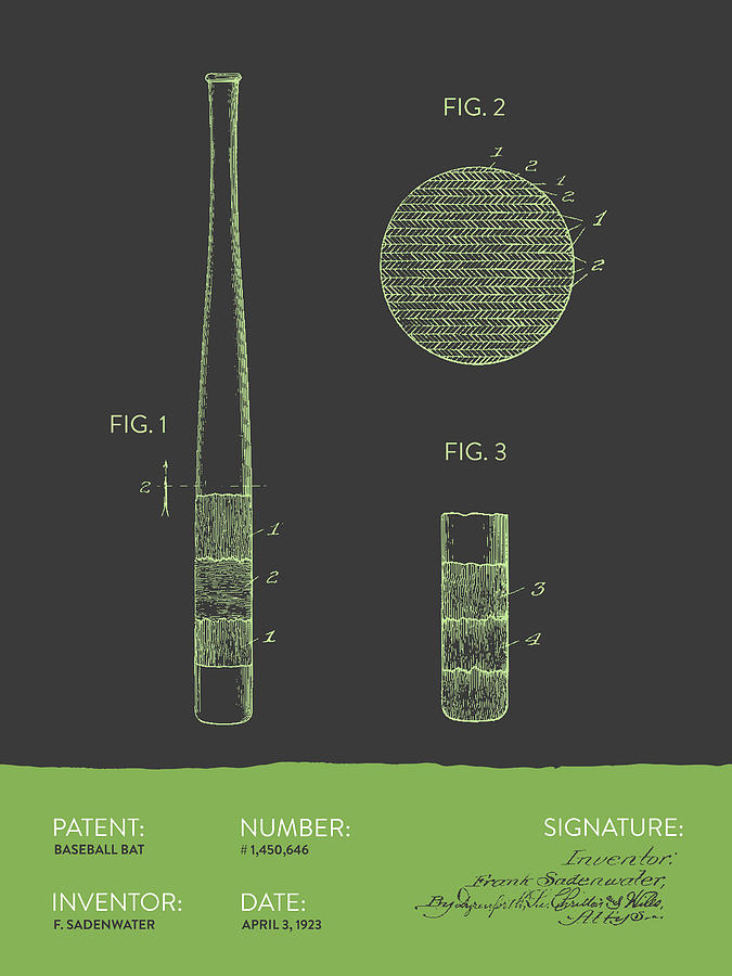Baseball Bat Patent From 1923 - Gray Green Digital Art