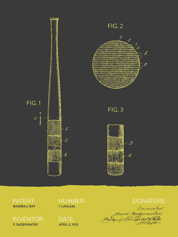 Baseball Bat Patent From 1923 - Gray Yellow Digital Art