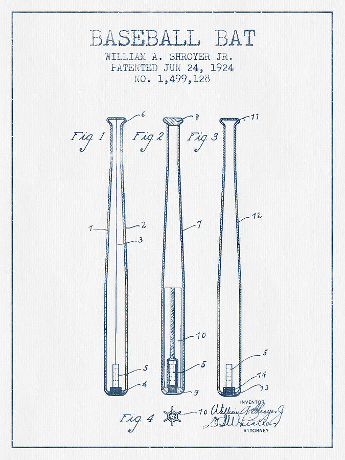 Baseball Bat Patent From 1924 - Blue Ink Digital Art