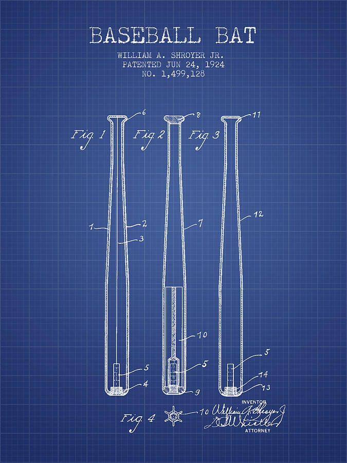 Baseball Drawing - Baseball Bat Patent from 1924 - Blueprint by Aged Pixel
