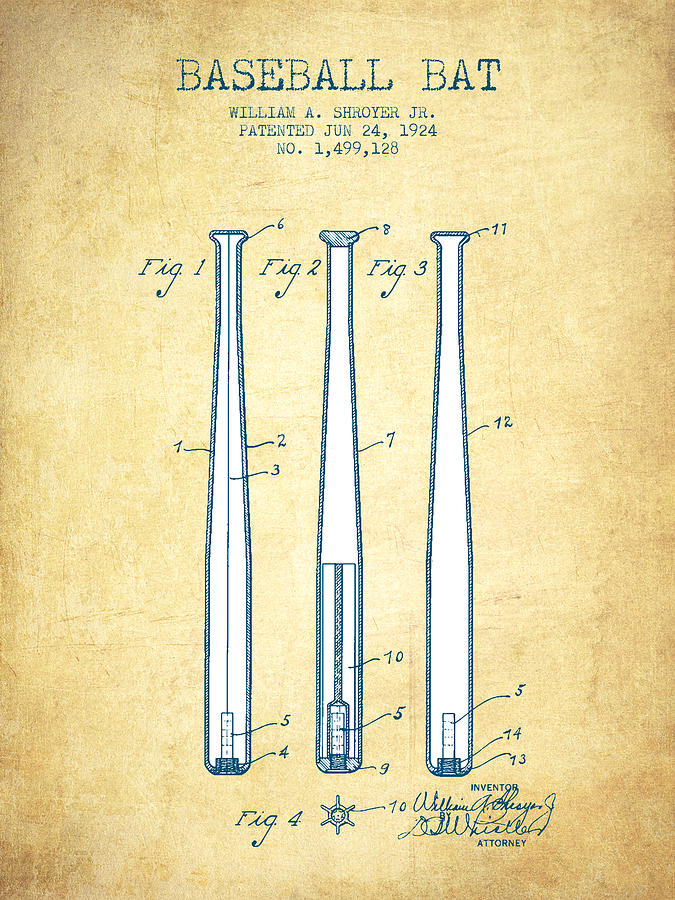 Baseball Bat Patent From 1924 - Vintage Paper Digital Art