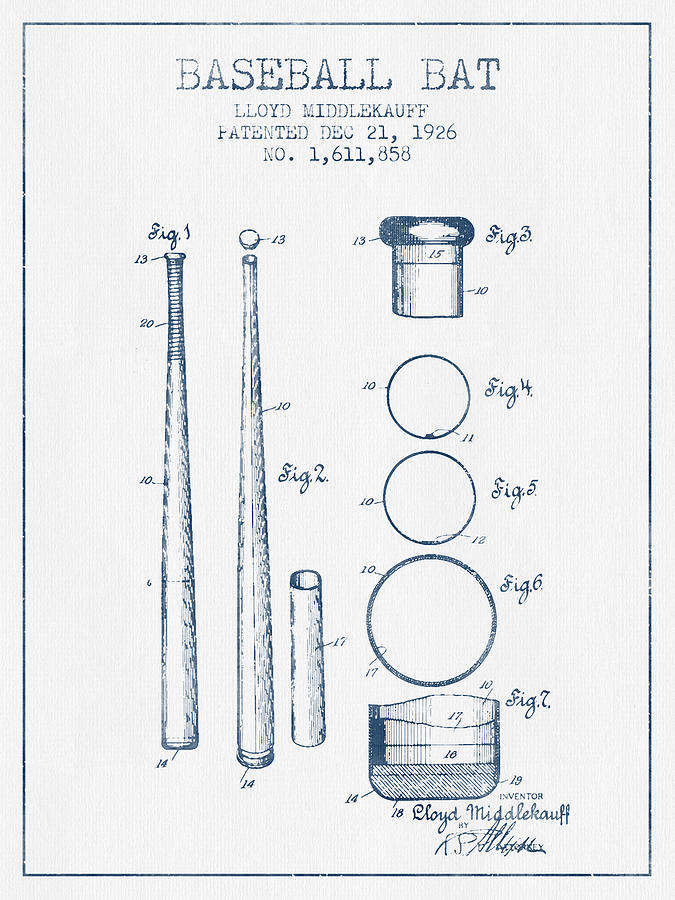 Baseball Bat Patent From 1926 - Blue Ink Digital Art