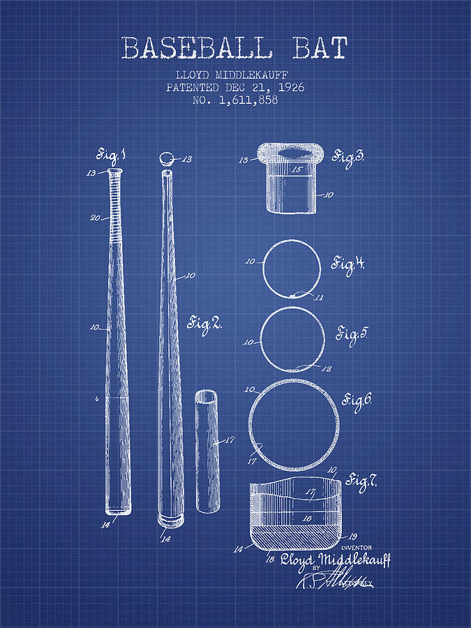 Baseball Drawing - Baseball Bat Patent from 1926 - Blueprint by Aged Pixel