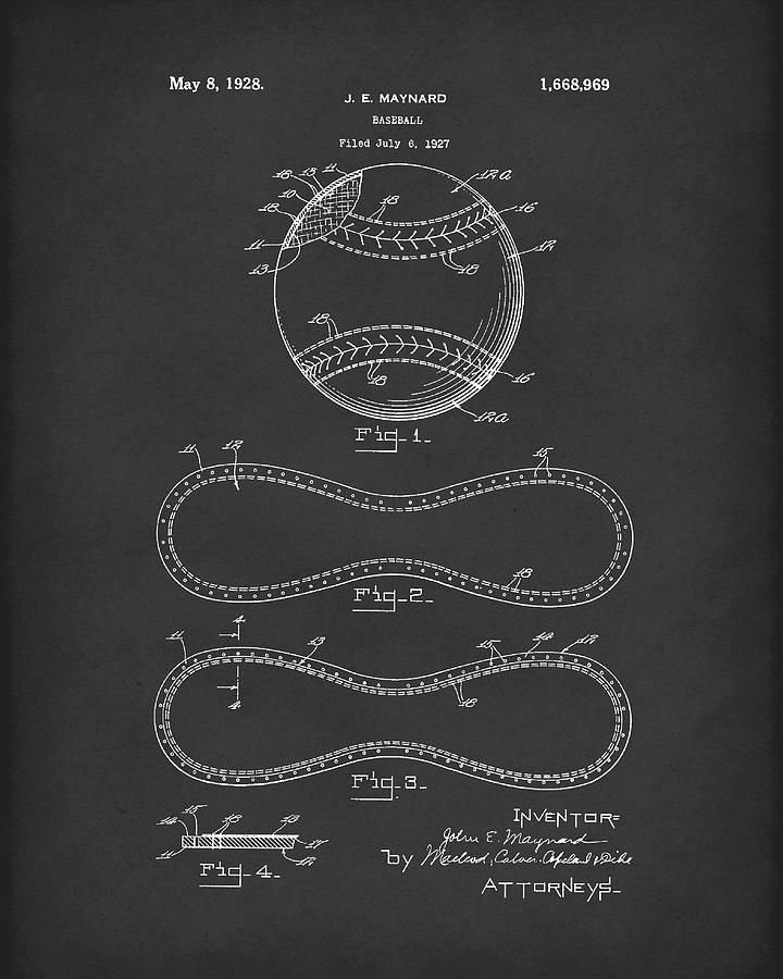 Baseball By Maynard 1928 Patent Art Black Drawing by Prior Art Design