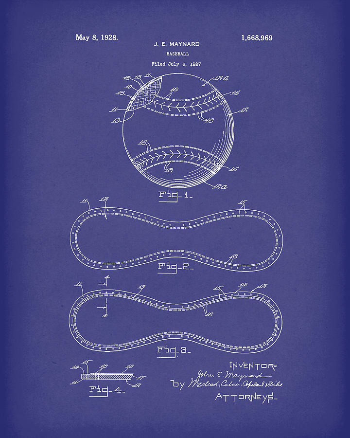 Baseball By Maynard 1928 Patent Art Blue Drawing by Prior Art Design