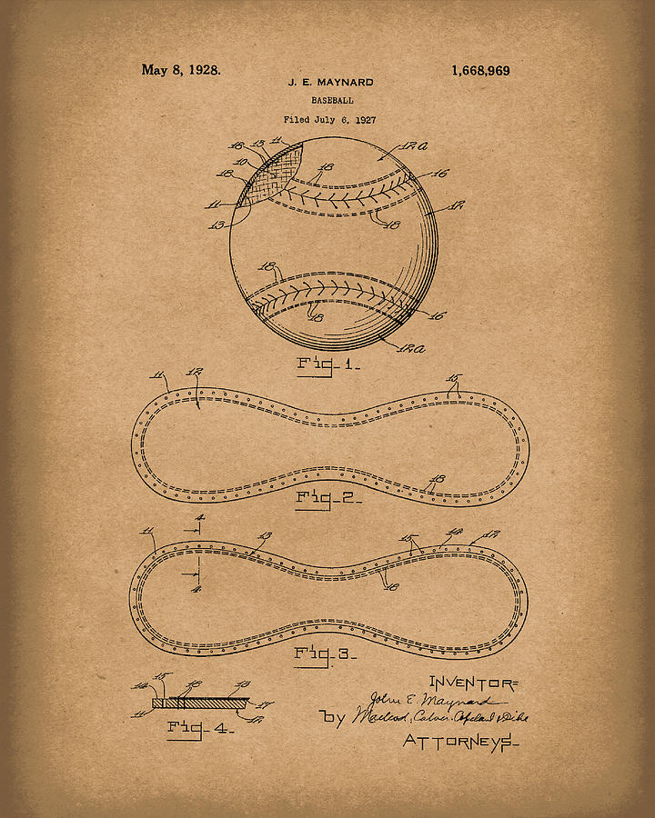 Baseball By Maynard 1928 Patent Art Brown Drawing by Prior Art Design