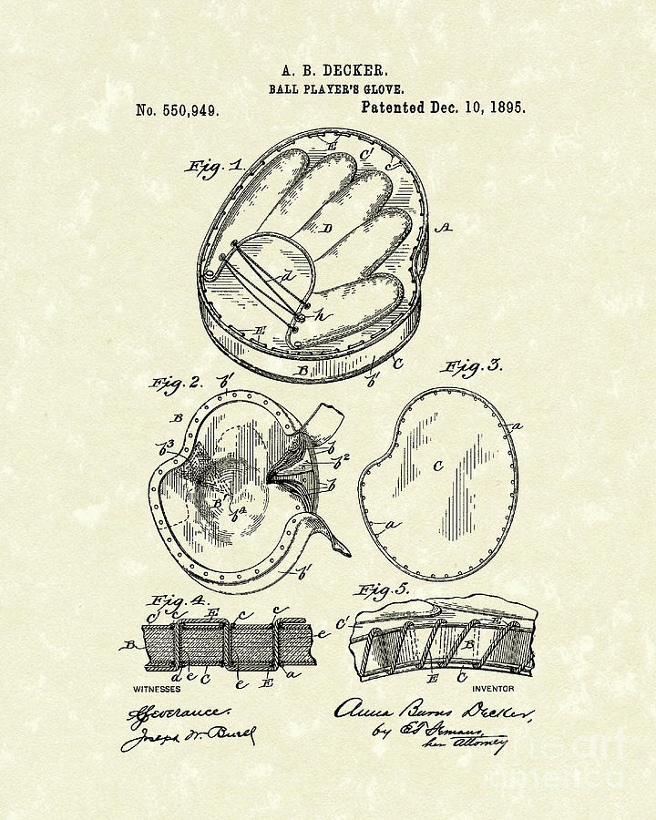 Baseball Glove Drawing - Baseball Glove 1895 Patent Art by Prior Art Design