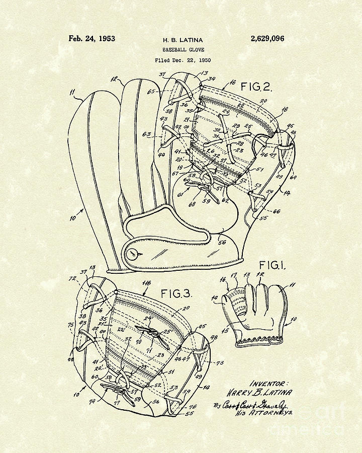 Baseball Glove Drawing - Baseball Glove 1953 Patent Art by Prior Art Design