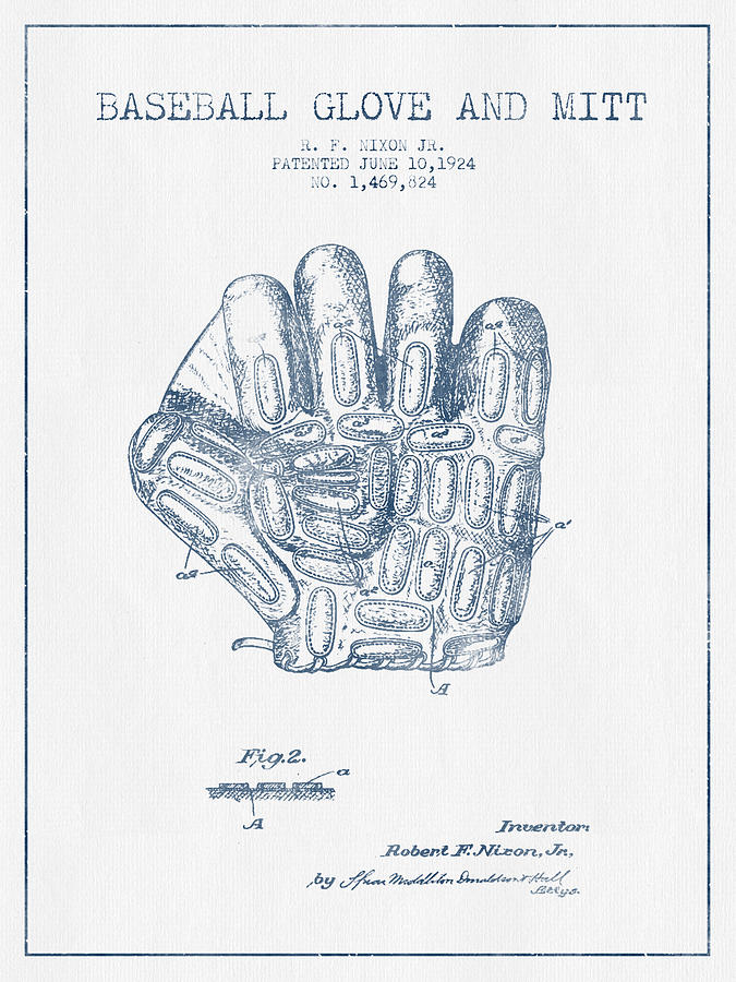 Baseball Glove Patent Drawing From 1924 - Blue Ink Digital Art