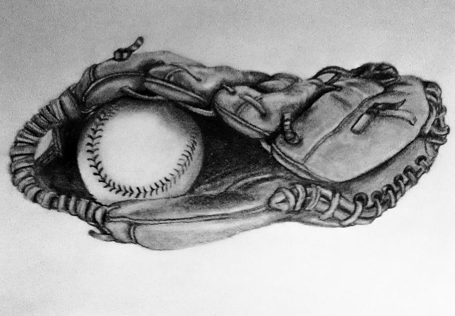 Baseball Drawing - Baseball in Glove by Cecilia Cooper