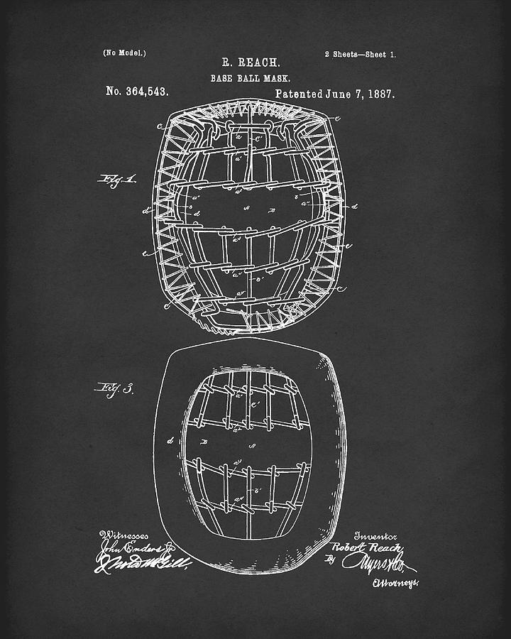 Baseball Drawing - Baseball Mask 1887 Patent Art Black by Prior Art Design