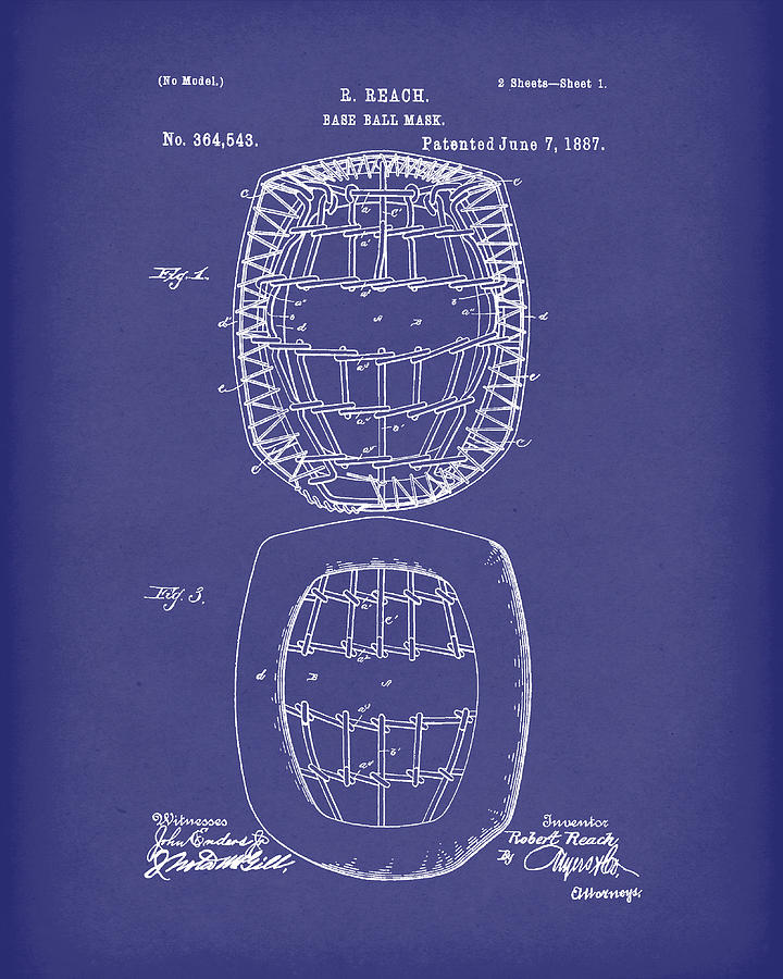 Baseball Mask 1887 Patent Art Blue Drawing by Prior Art Design