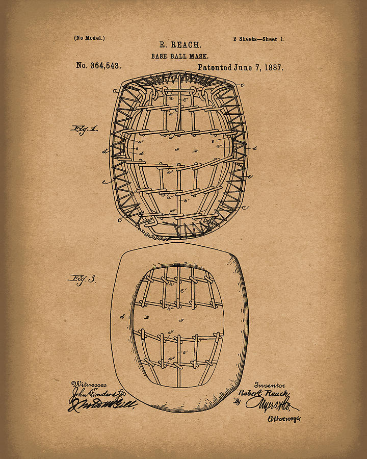 Baseball Drawing - Baseball Mask 1887 Patent Art Brown by Prior Art Design