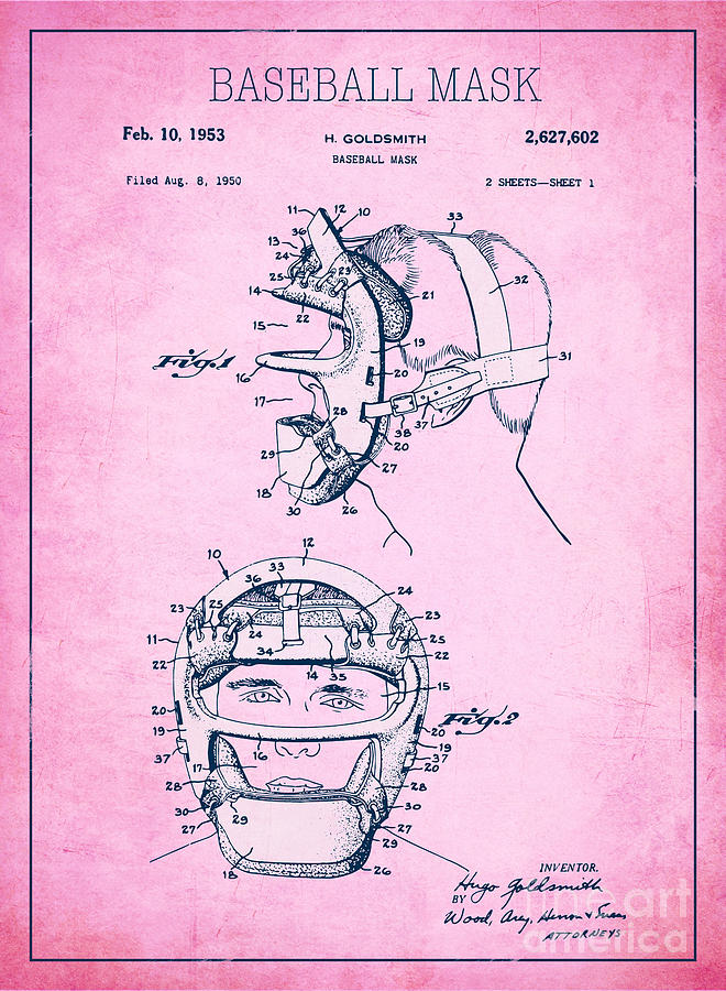 Baseball Digital Art - Baseball mask patent pink US2627602 A by Evgeni Nedelchev