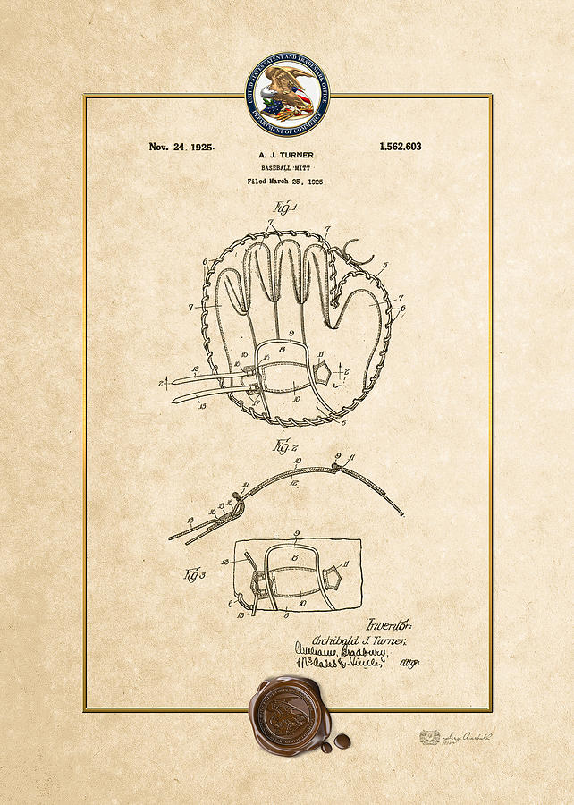 Baseball mitt by Archibald J. Turner - Vintage Patent Document Digital Art by Serge Averbukh