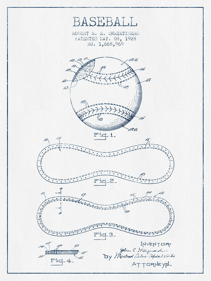 Baseball Patent Drawing From 1928 - Blue Ink Digital Art