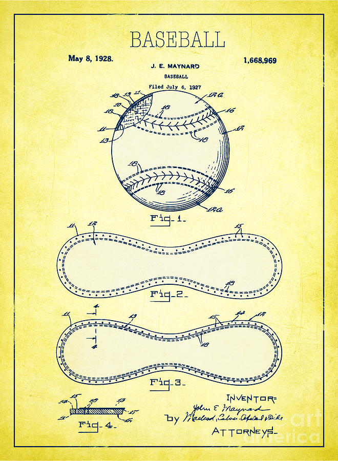Baseball Digital Art - Baseball patent yellow US1668969 by Evgeni Nedelchev