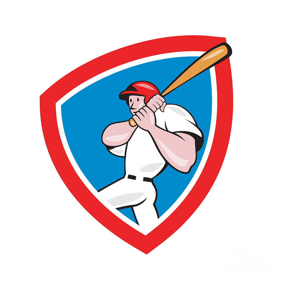 Baseball Digital Art - Baseball Player Batting Crest Red Cartoon by Aloysius Patrimonio