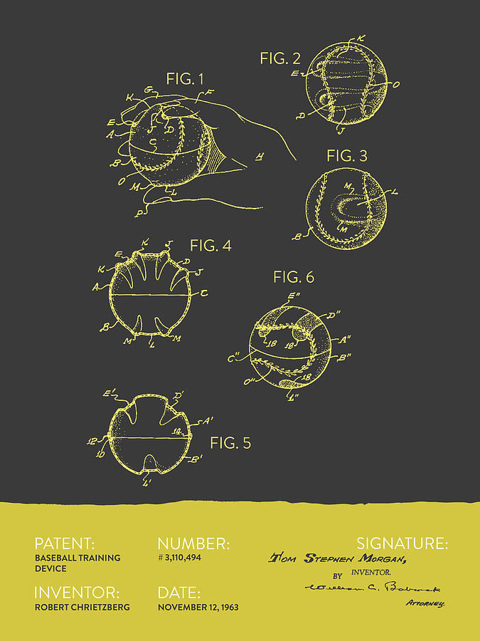 Baseball Training Device Patent From 1963 - Gray Yellow Digital Art