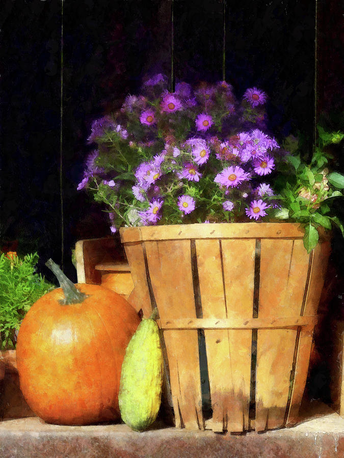 Fall Photograph - Basket of Asters With Pumpkin and Gourd by Susan Savad