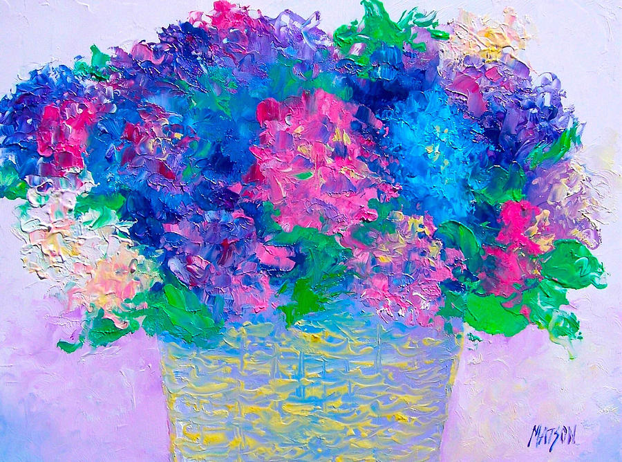 Flower Painting - Basket of Hydrangeas by Jan Matson