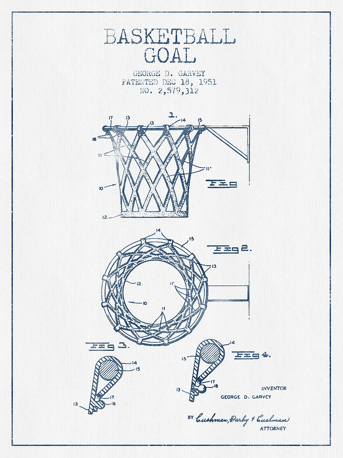 Basketball Digital Art - Basketball Goal patent from 1951 - Blue Ink by Aged Pixel