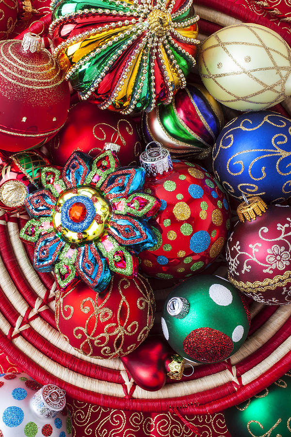 Basketful of Christmas ornaments Photograph by Garry Gay