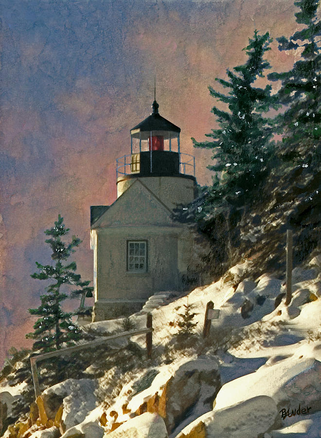 Bass Harbor Light in a Winter Storm Painting by Brent Ander