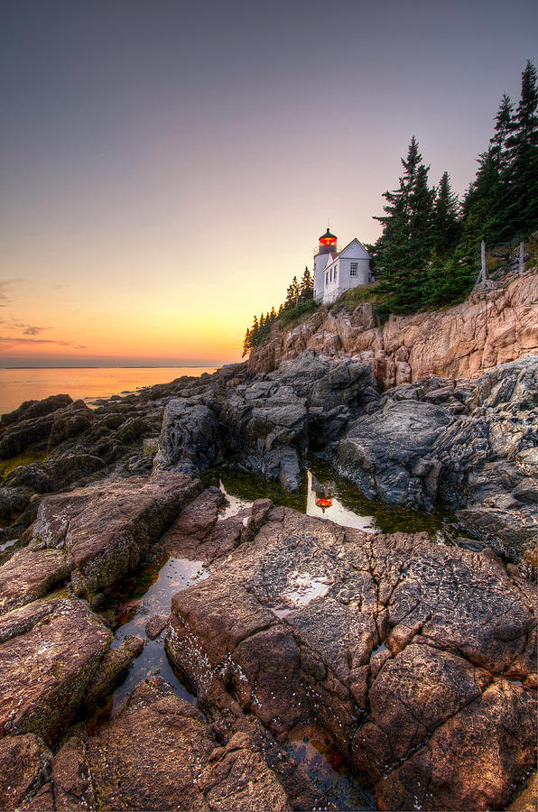 Bass Harbor Lighthouse Reflected in Tidal Pool - Portrait Photograph by At Lands End Photography