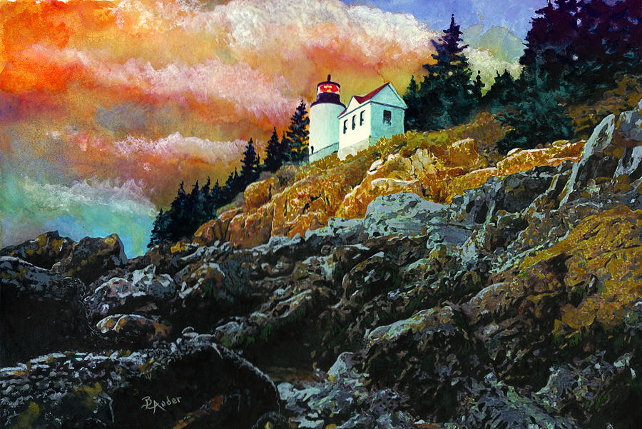Bass Harbor Lighthouse Sunset Painting by Brent Ander