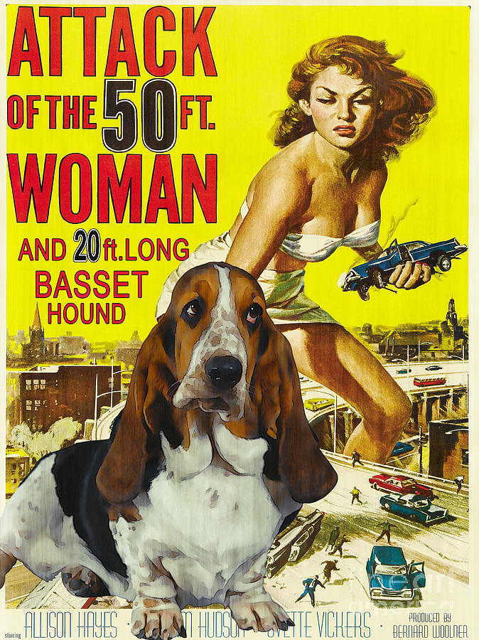 Dog Painting - Basset Hound Art Canvas Print - Attack of the 50ft woman Movie Poster by Sandra Sij