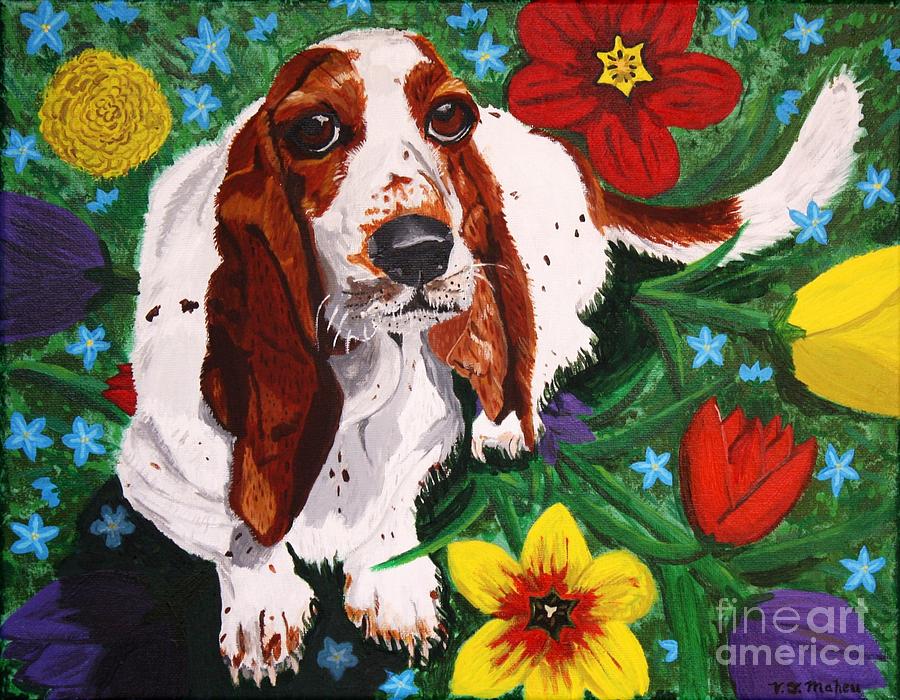 Flower Painting - Basset Hound by Vicki Maheu