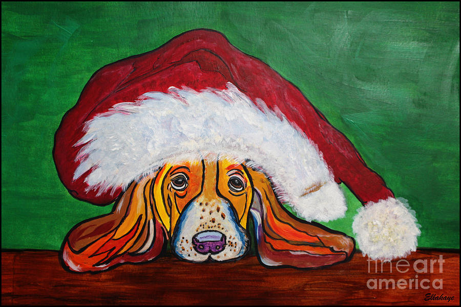 Bassett Hound in Santas Hat - Puppy Mania Painting by Ella Kaye Dickey