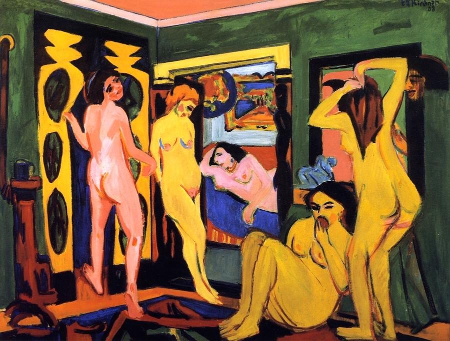 Bathers in the room Painting by Ernst Ludwig Kirchner