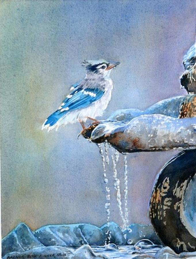 Bathing Baby Blue Jay Painting by Brenda Beck Fisher