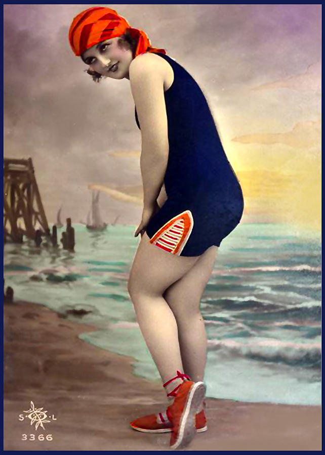 Bathing Beauty in Orange and Navy Bathing Suit Canvas Print