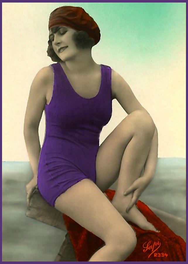 Bathing Beauty in Purple wearing beret Photograph by Denise Beverly