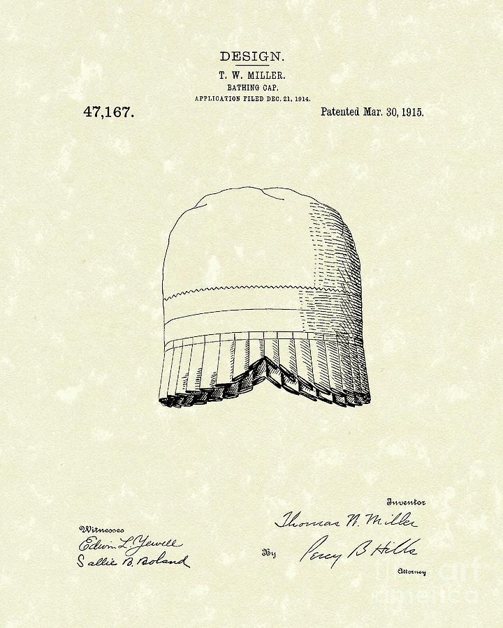 Bathing Cap 1915 Patent Art Drawing by Prior Art Design