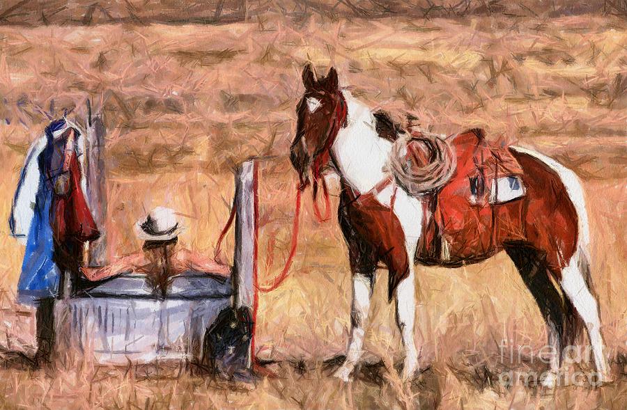 Horse Painting - Bathing Cowgirl by Murphy Elliott