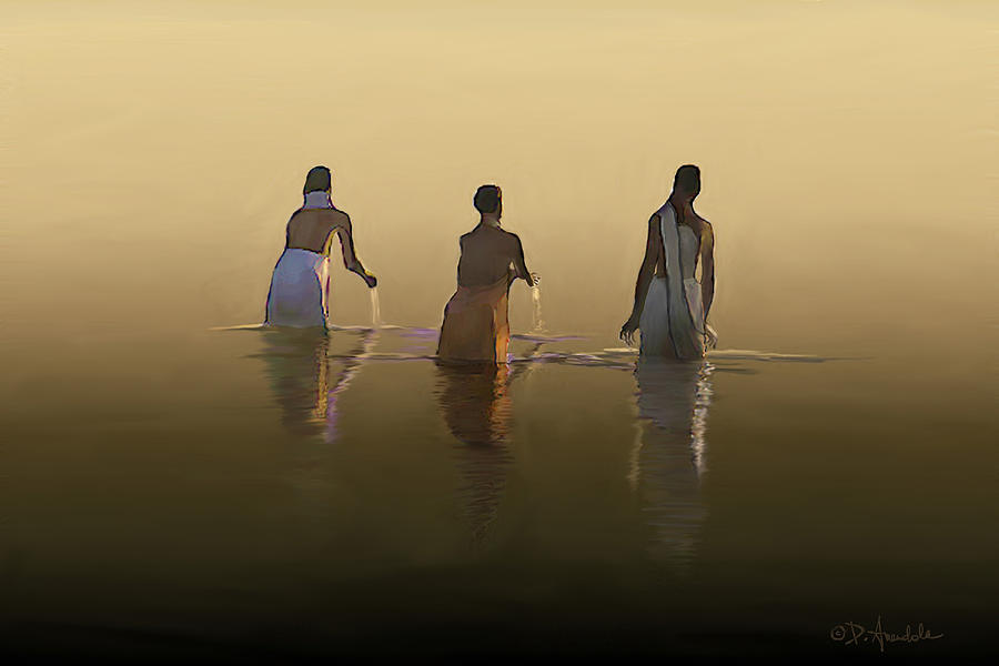 Bathing in the holy river  Painting by Dominique Amendola