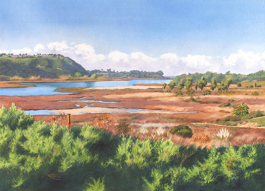 Batiquitos Lagoon Carlsbad California Painting by Mary Helmreich