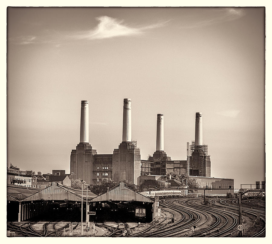 Transportation Photograph - Battersea Power Station with train tracks with Border by Lenny Carter