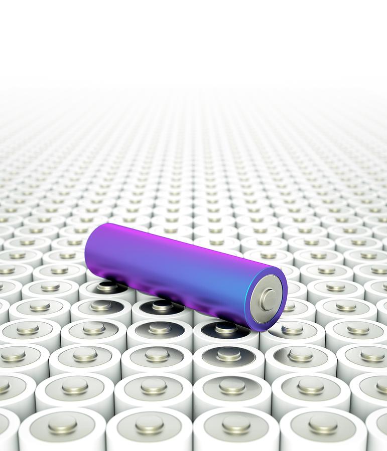Battery Array And Single Supercapacitor. Photograph by David Parker/science Photo Library